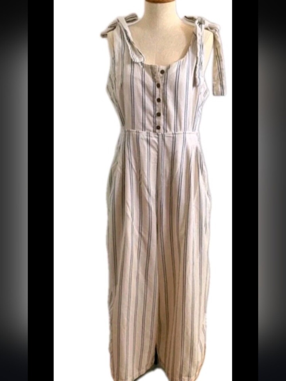 Women's Free People Size 4 Cream Navy Striped Tie Shoulder Jumpsuit Cotton